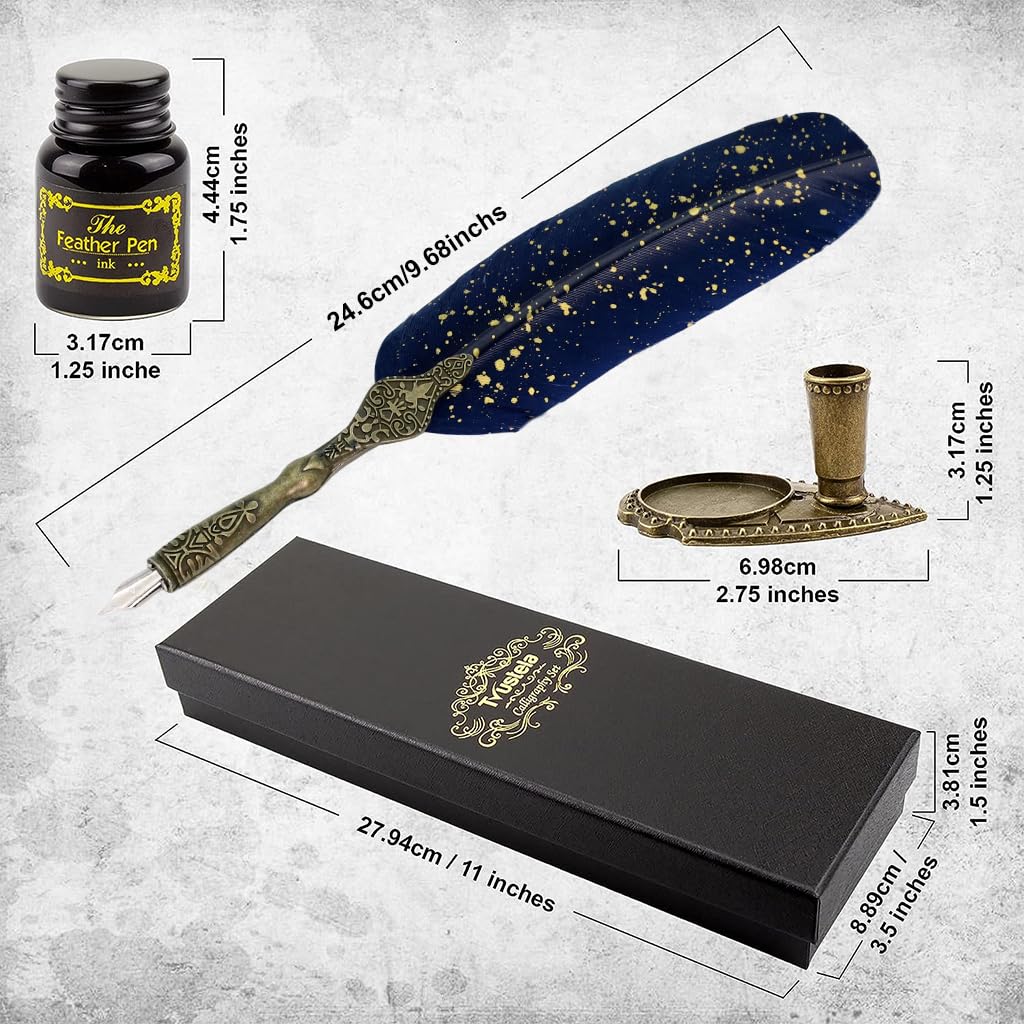 HASTHIP Vintage Carving Feather Pen Set, Glittering Quill Pen Set Antique Calligraphy Writing Dip Pen with Black Ink, 2 Replacement Nibs, Pen Stand Base, Luxury Signature Pen (Blue) HASTHIP Vintage Carving Feather Pen Set, Glittering Quill Pen Set Antique Calligraphy Writing Dip Pen with Black Ink, 2 Replacement Nibs, Pen Stand Base, Luxury Signature Pen (Blue)